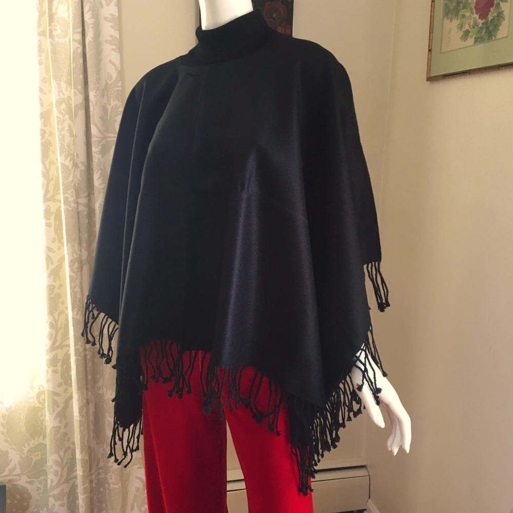 Black fringed turtleneck poncho NWOT